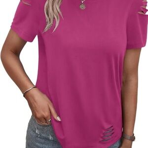 EACHYES Hot Pink Cutout Short Sleeve Top | Distressed Hem | Small | NWOT